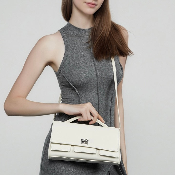 Women's Genuine Leather Designer Lock Clasp Shoulder Handbag