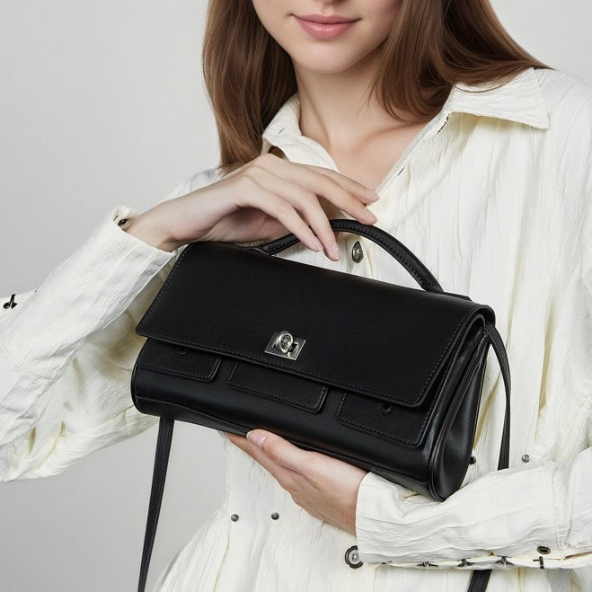 Women's Genuine Leather Designer Lock Clasp Shoulder Handbag