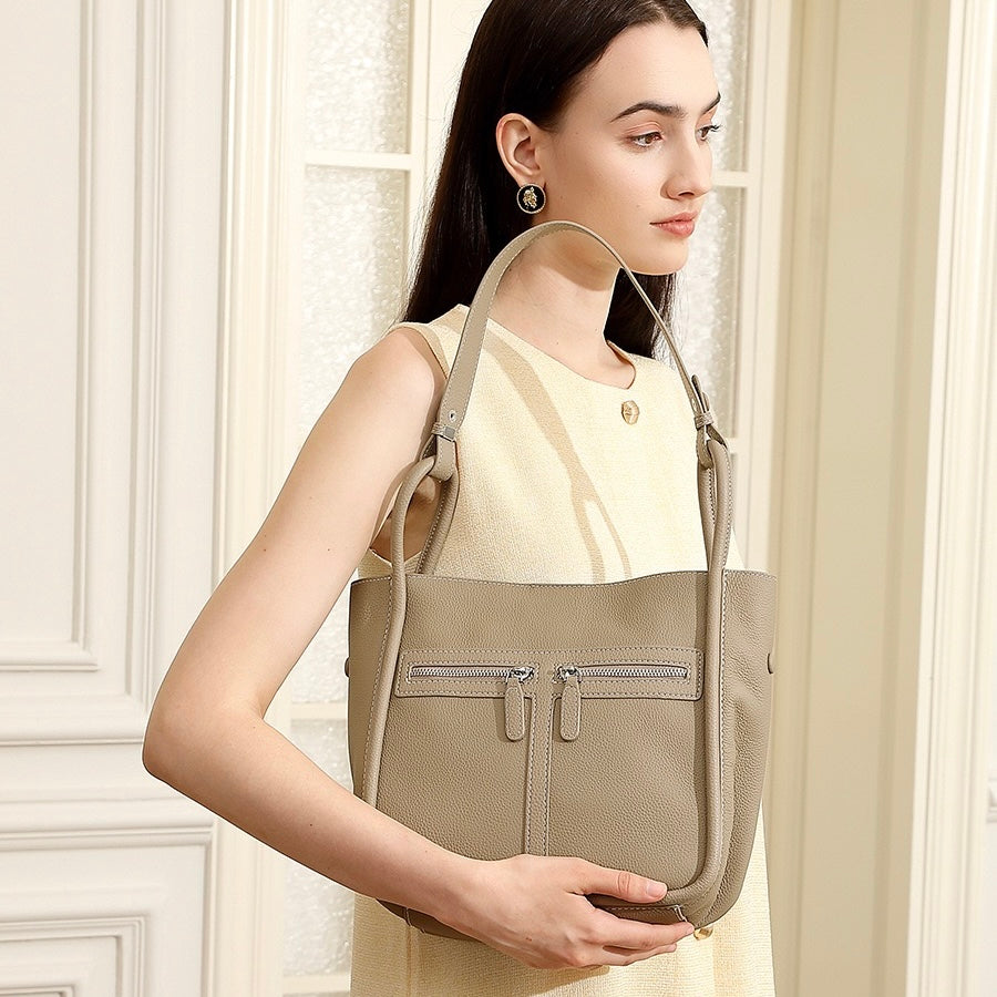 Women's Top Grain Leather Niche Luxury Bag – Dual-Zip Design with Removable Liner