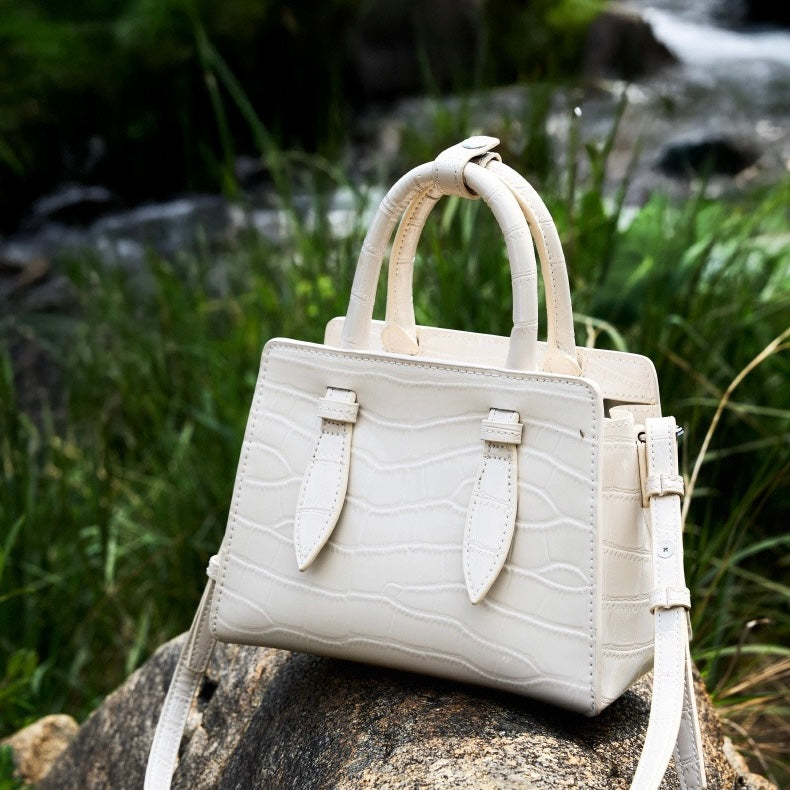 Women’s Genuine Leather Top Handle Bag – French Alligator-Texture Square Crossbody