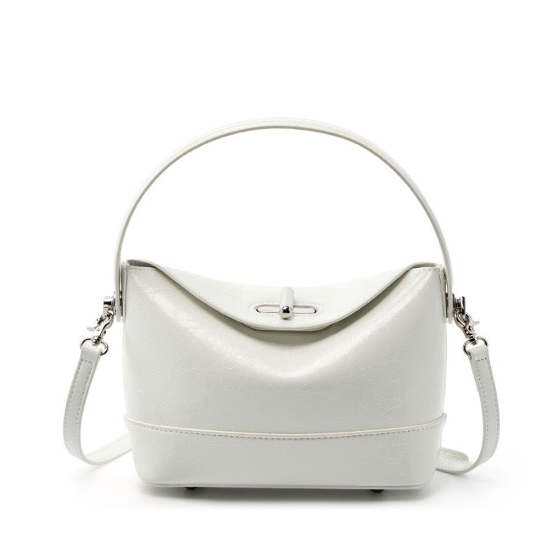 Women’s Genuine Leather Mini Bucket Shoulder Bag – Chic Turn-Lock Crossbody