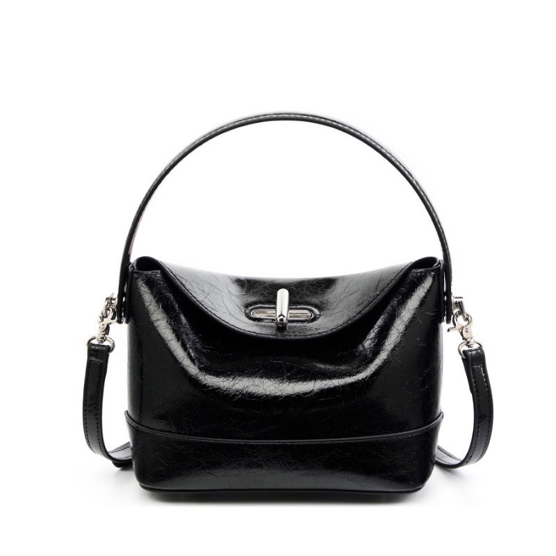 Women’s Genuine Leather Mini Bucket Shoulder Bag – Chic Turn-Lock Crossbody