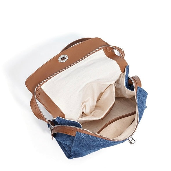 Women’s Genuine Leather & Denim Patchwork Backpack – Large Capacity Commuter Bag