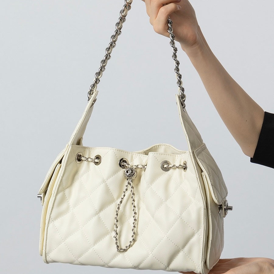 Genuine Leather Caviar Pattern Large Capacity Bucket Crossbody Bag