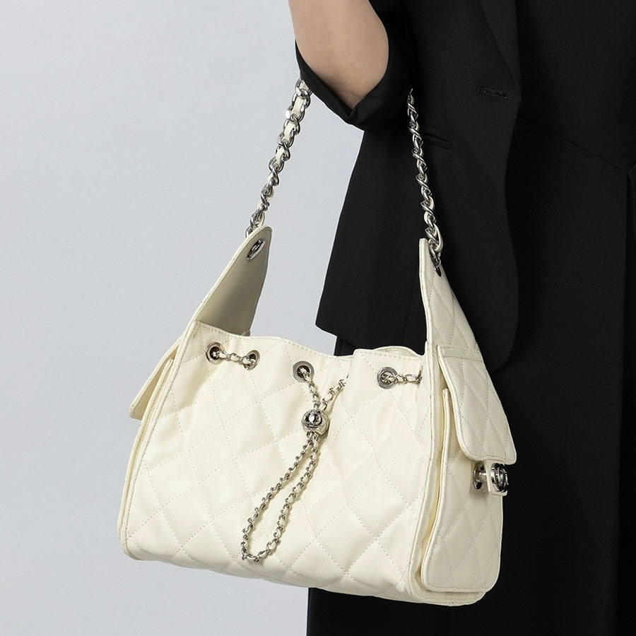 Genuine Leather Caviar Pattern Large Capacity Bucket Crossbody Bag