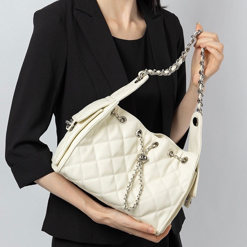 Genuine Leather Caviar Pattern Large Capacity Bucket Crossbody Bag