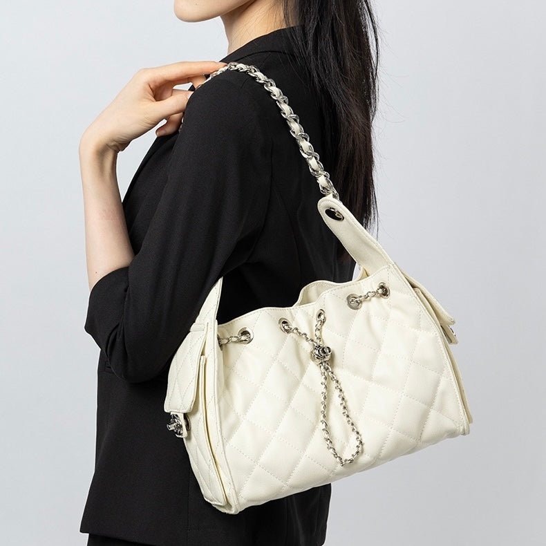 Genuine Leather Caviar Pattern Large Capacity Bucket Crossbody Bag