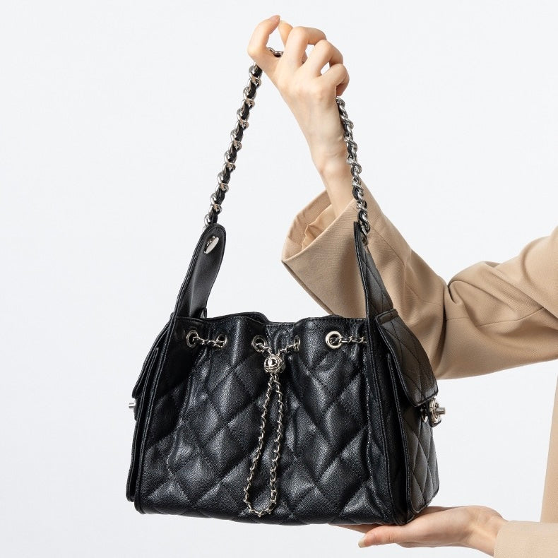 Genuine Leather Caviar Pattern Large Capacity Bucket Crossbody Bag