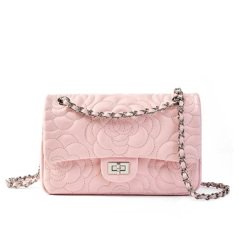 Women’s Genuine Sheepskin Quilted Camellia Chain Crossbody Bag