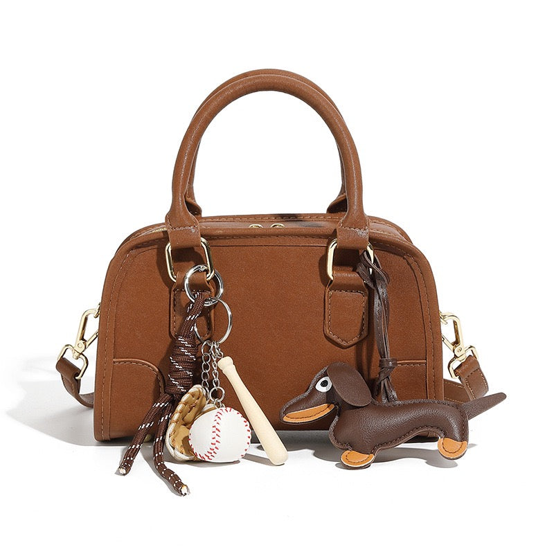Women's Genuine Leather Boston Crossbody Bag with Dachshund Pendant