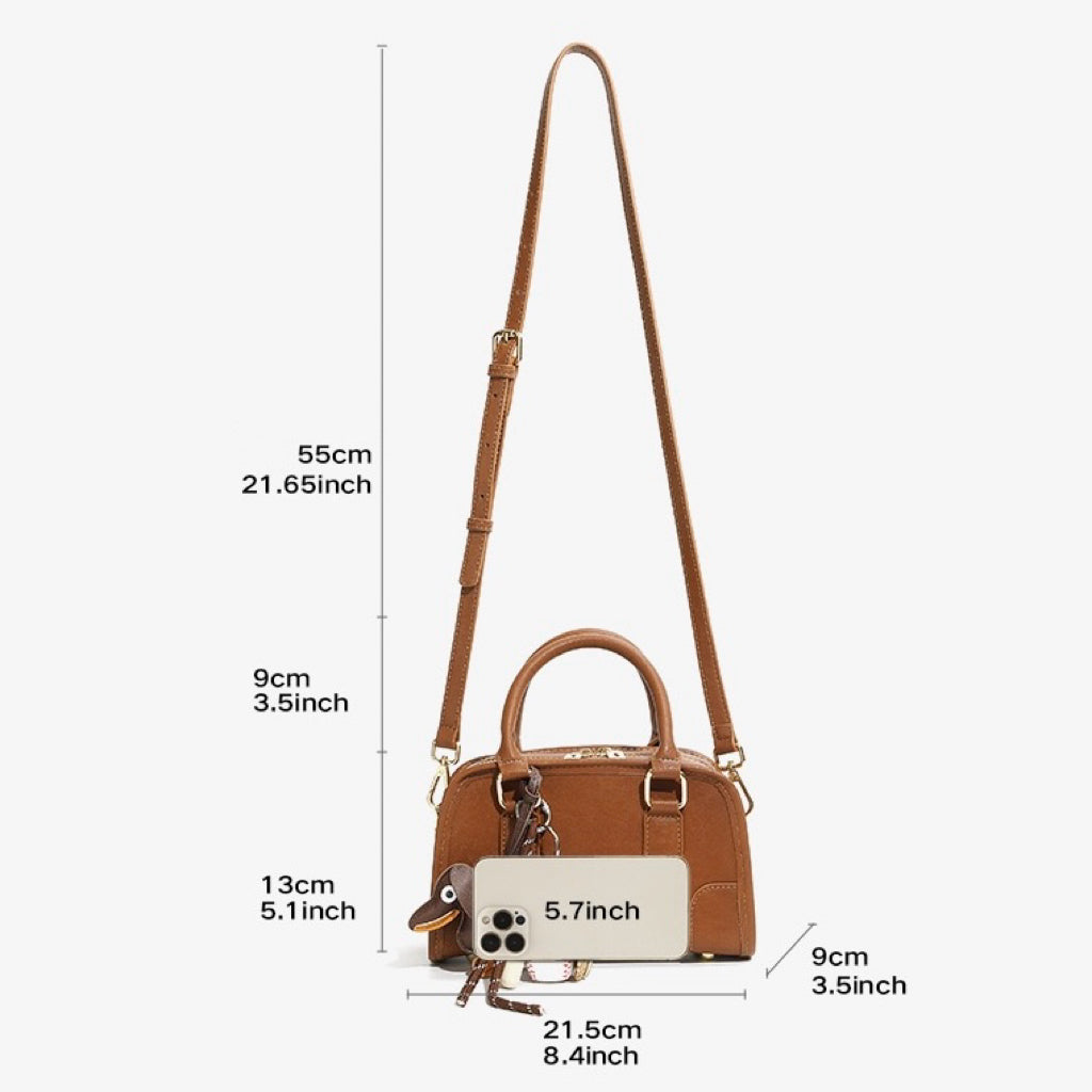 Women's Genuine Leather Boston Crossbody Bag with Dachshund Pendant