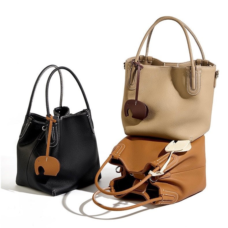Women's Genuine Leather Bucket Bag with Little Elephant Pendant
