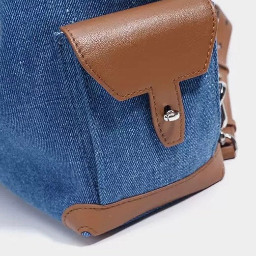 Women's Genuine Leather Denim Patchwork Cool Travel Backpack