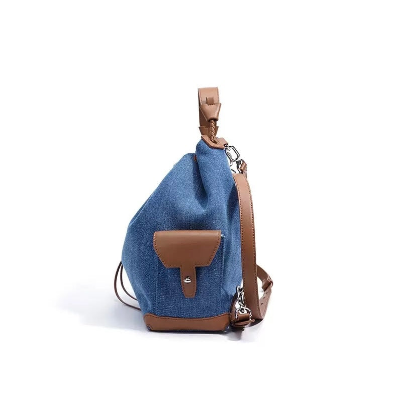 Women's Genuine Leather Denim Patchwork Cool Travel Backpack