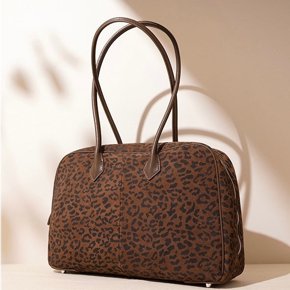 Women's Leopard Print Genuine Leather Large Capacity Bowling Bag