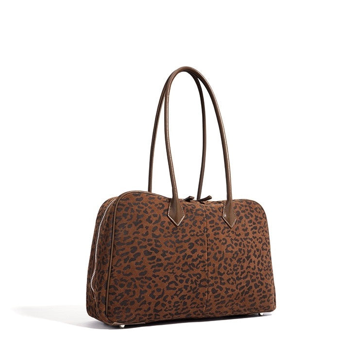 Women's Leopard Print Genuine Leather Large Capacity Bowling Bag