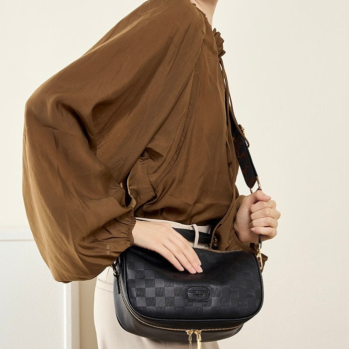 Elegant Women's Genuine Leather Checkered Crossbody Bag
