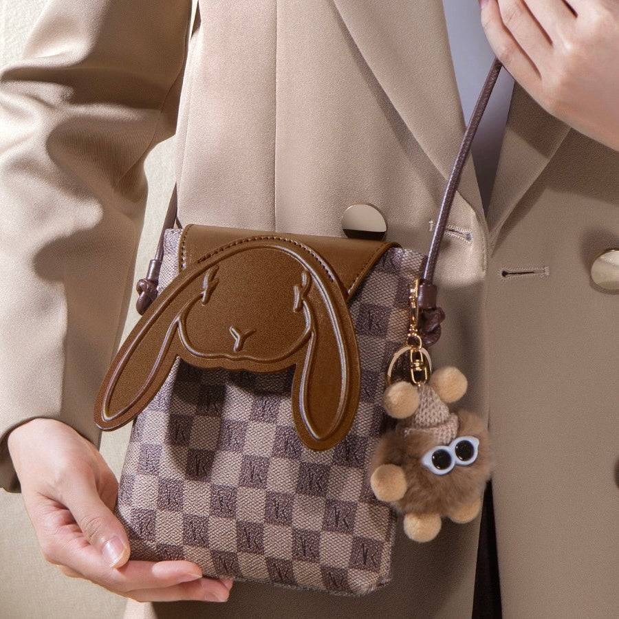 Plaid Cute Collision Rabbit Genuine Leather Mini Crossbody Phone Bag