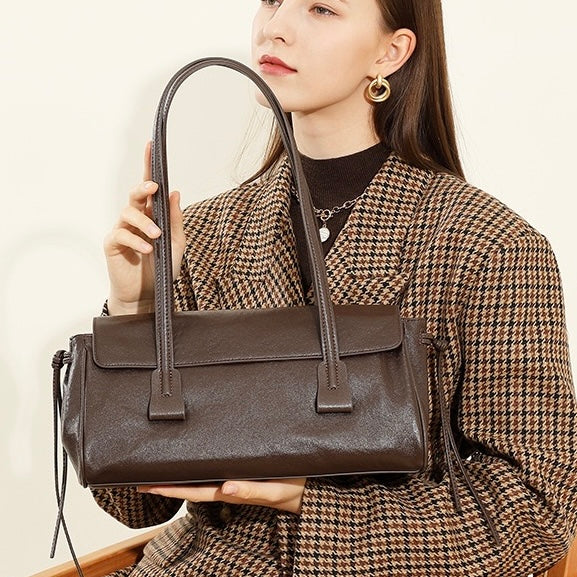 Spring Summer Vintage Genuine Leather Vegetable Tanned Underarm Baguette Bag