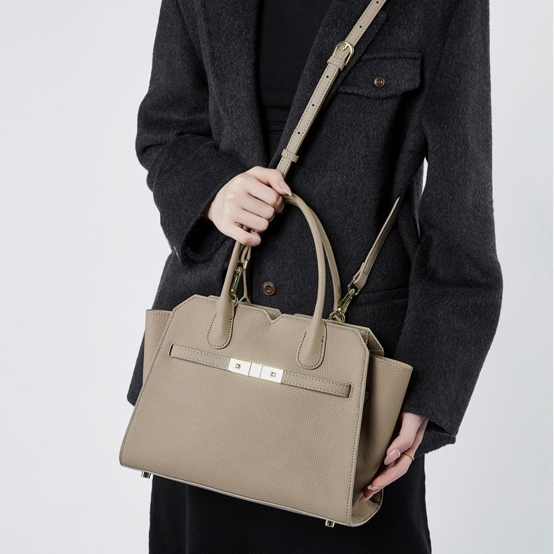 Classic Structured Leather Tote Bag with Gold Hardware