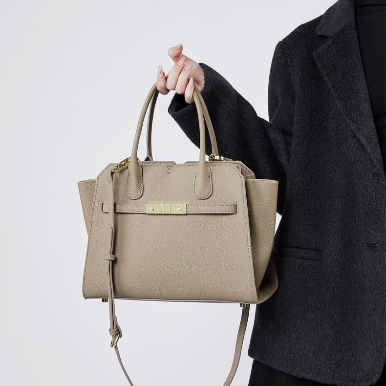 Classic Structured Leather Tote Bag with Gold Hardware
