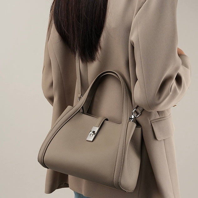 Women's Top-Grain Leather Handheld Crossbody Bag with Lock Closure