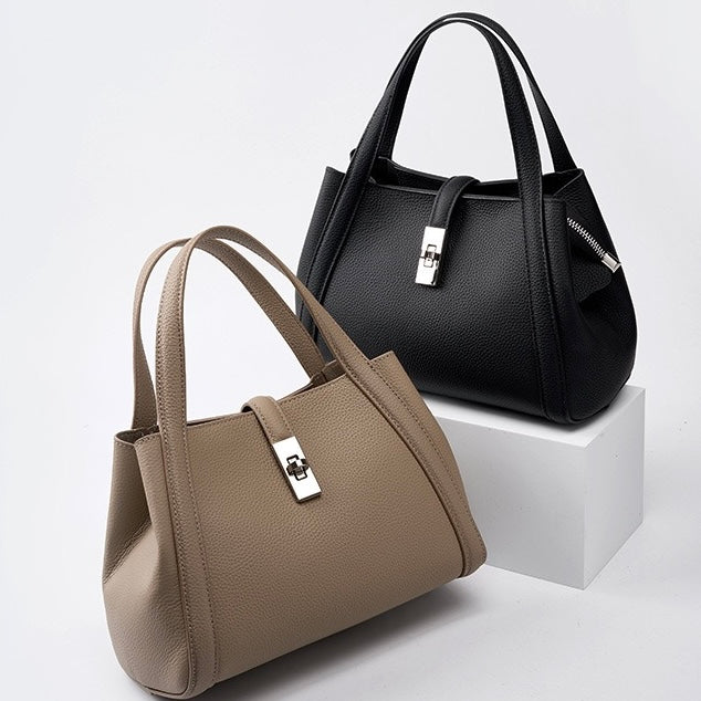 Women's Top-Grain Leather Handheld Crossbody Bag with Lock Closure