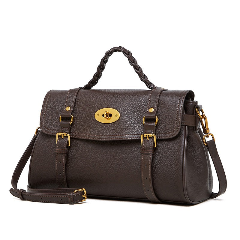 Classic Buckle-Detail Leather Satchel with Braided Handle