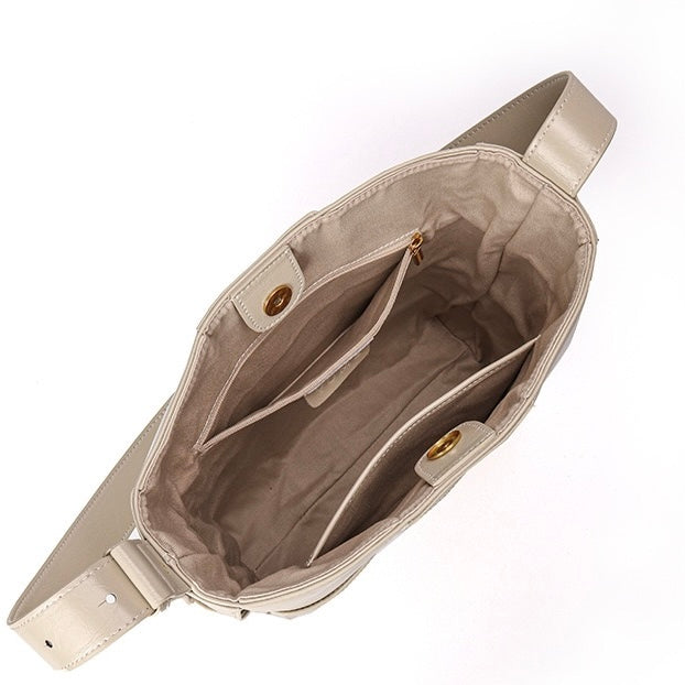 Beige Woven Leather Bucket Shoulder Bag