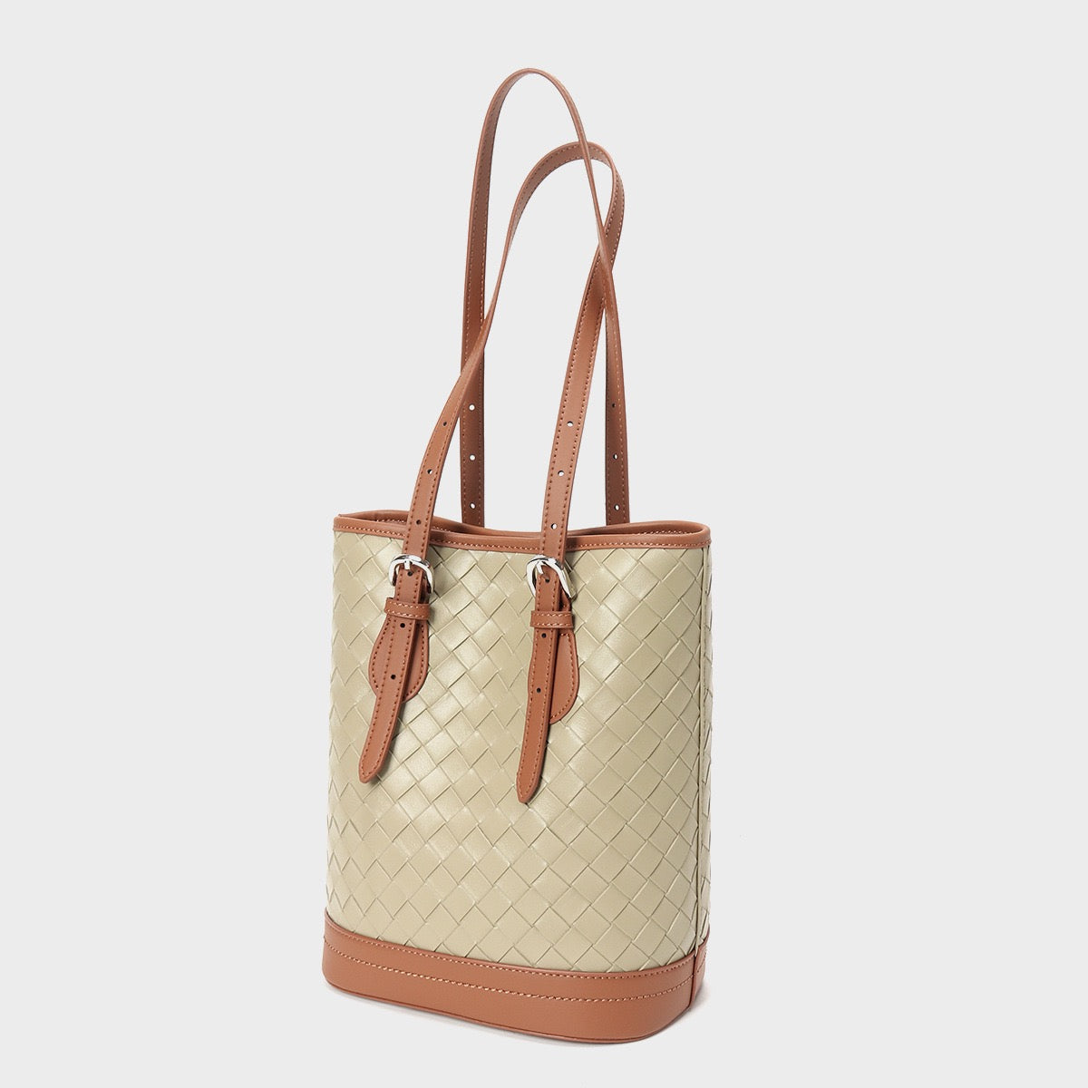 Woven Genuine Leather Color Block Bucket Tote Bag