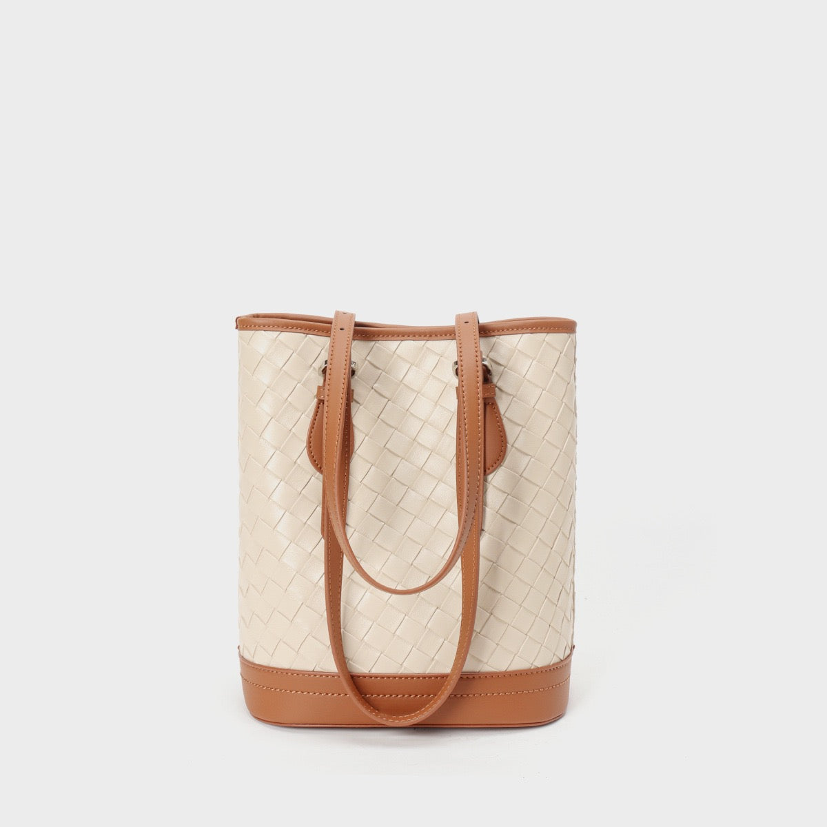 Woven Genuine Leather Color Block Bucket Tote Bag