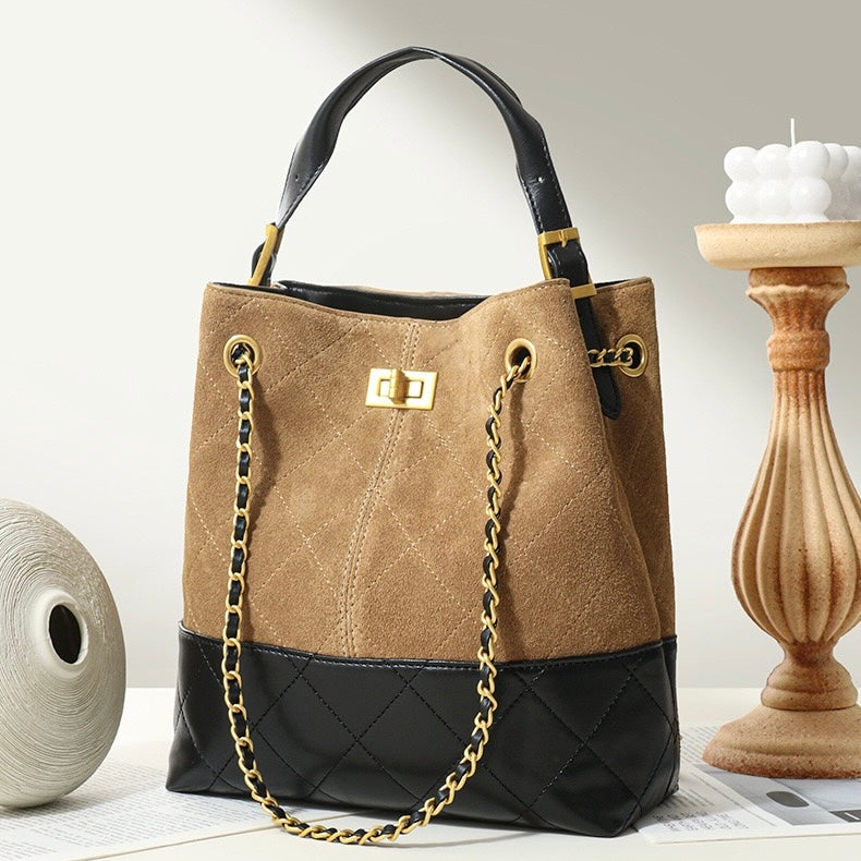 Suede Genuine Leather Color Block Chain Bucket Bag
