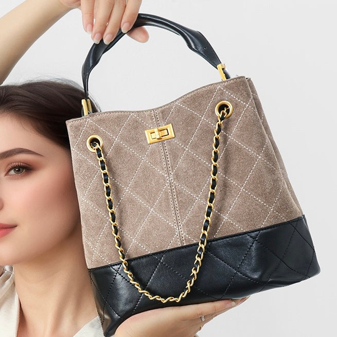 Suede Genuine Leather Color Block Chain Bucket Bag