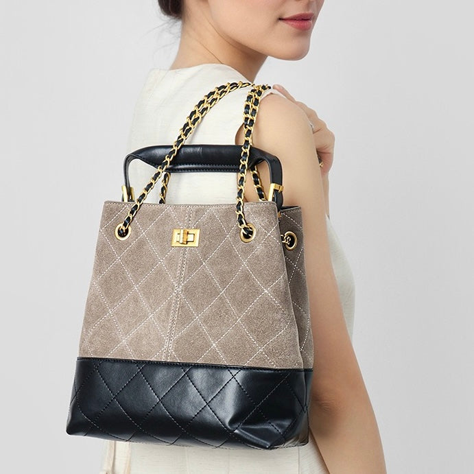 Suede Genuine Leather Color Block Chain Bucket Bag