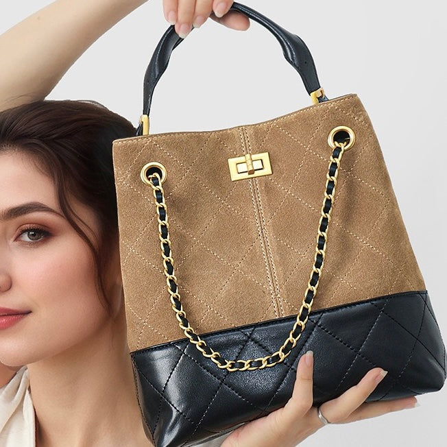 Suede Genuine Leather Color Block Chain Bucket Bag