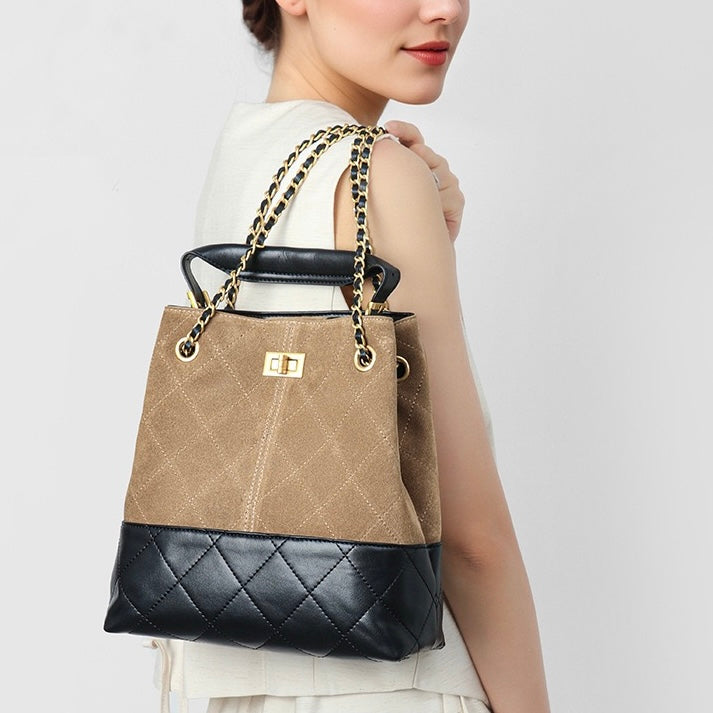 Suede Genuine Leather Color Block Chain Bucket Bag