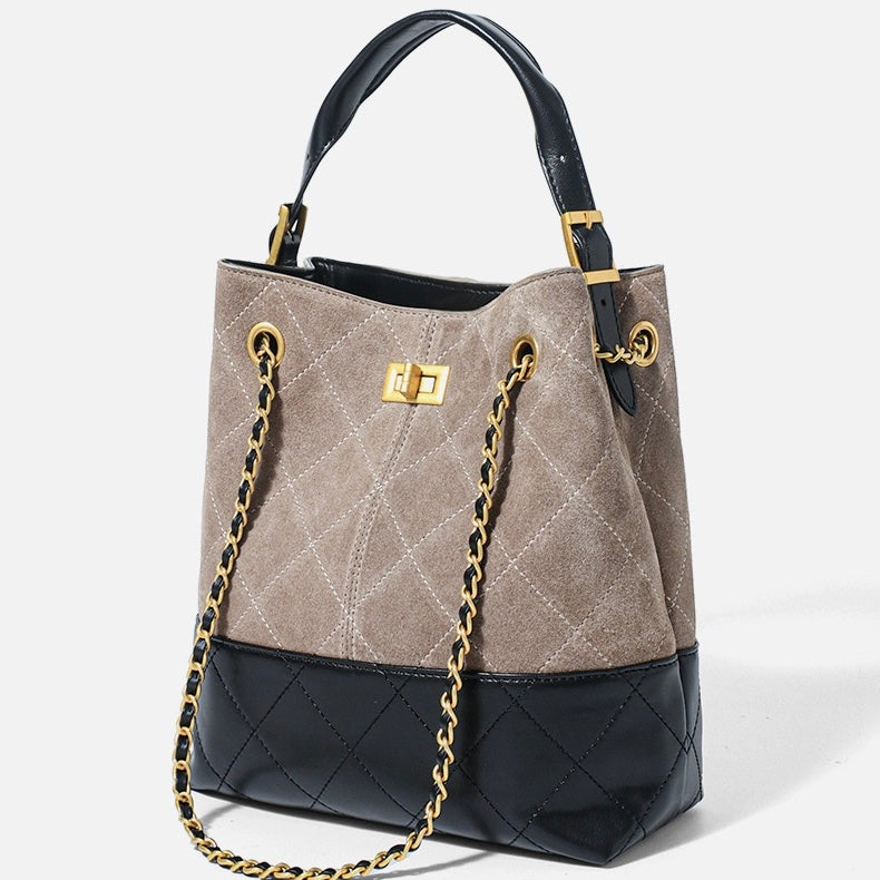 Suede Genuine Leather Color Block Chain Bucket Bag