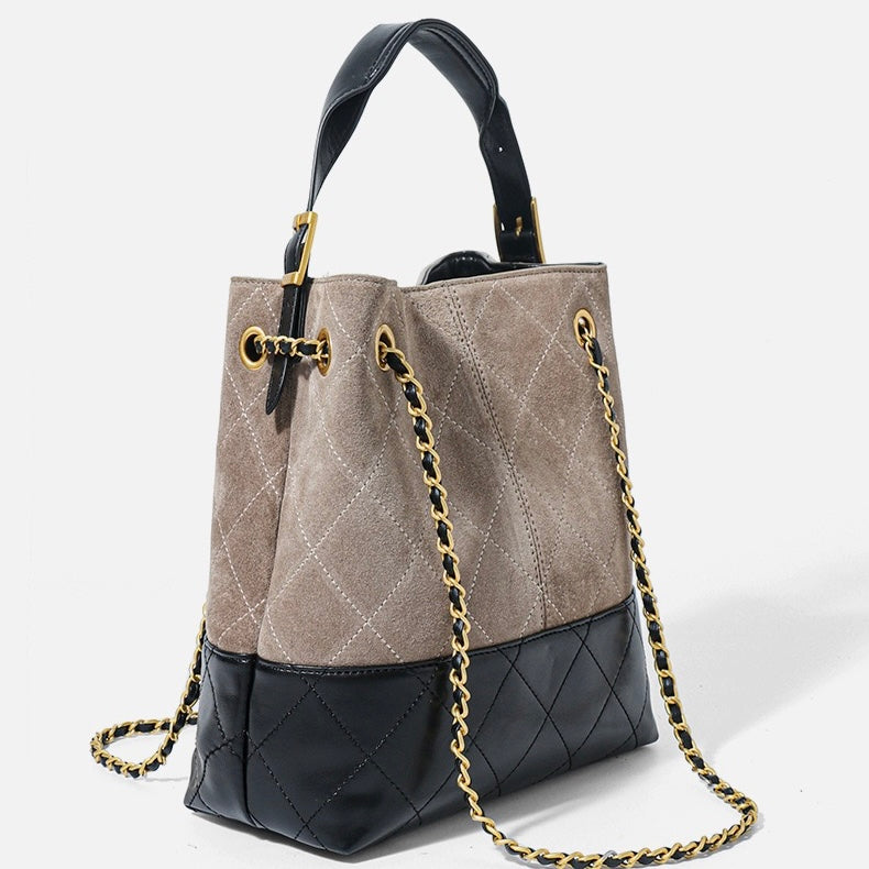 Suede Genuine Leather Color Block Chain Bucket Bag