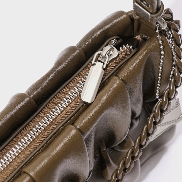 Textured Olive Genuine Leather Shoulder Bag with Chain & Lock Charm