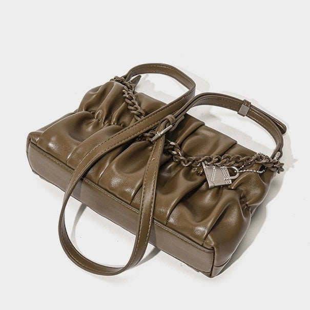 Textured Olive Genuine Leather Shoulder Bag with Chain & Lock Charm