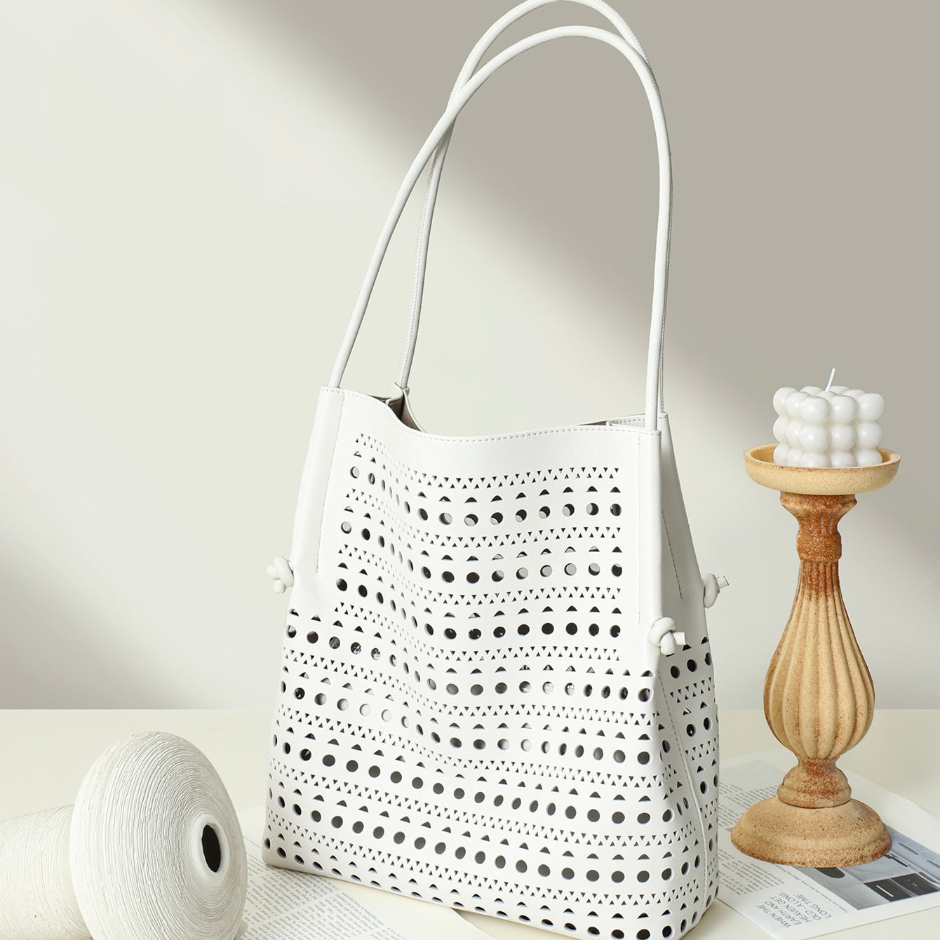 Genuine Leather Perforated Tote Bag with Detachable Pouch