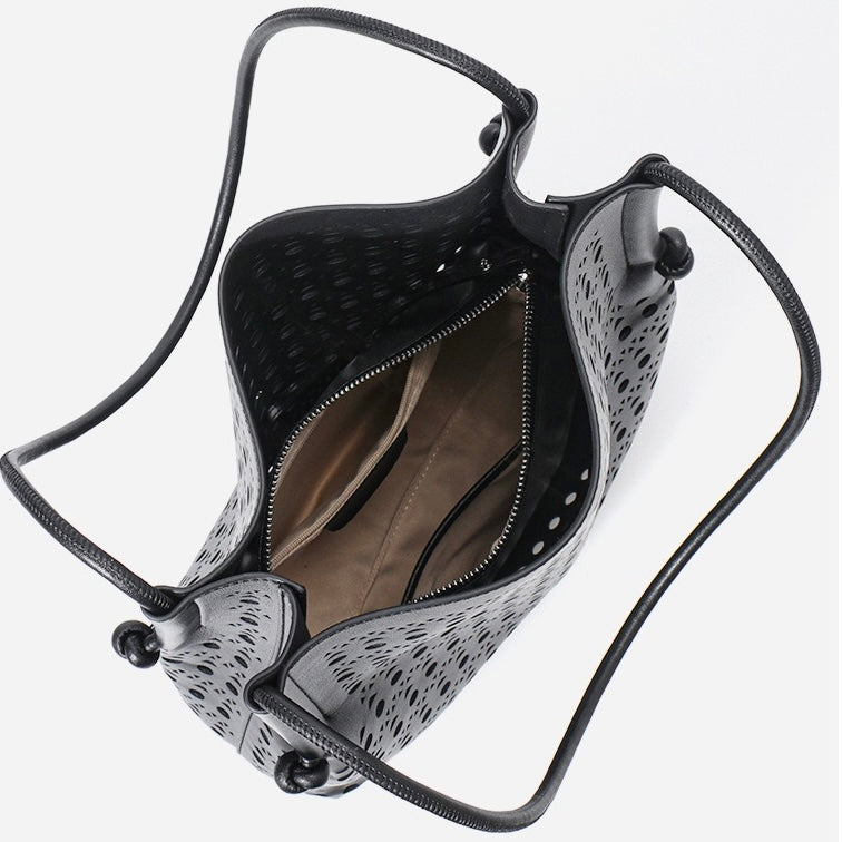 Genuine Leather Perforated Tote Bag with Detachable Pouch