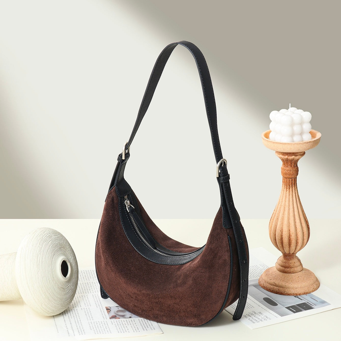 Brown Suede Leather Hobo Shoulder Dumpling Bag