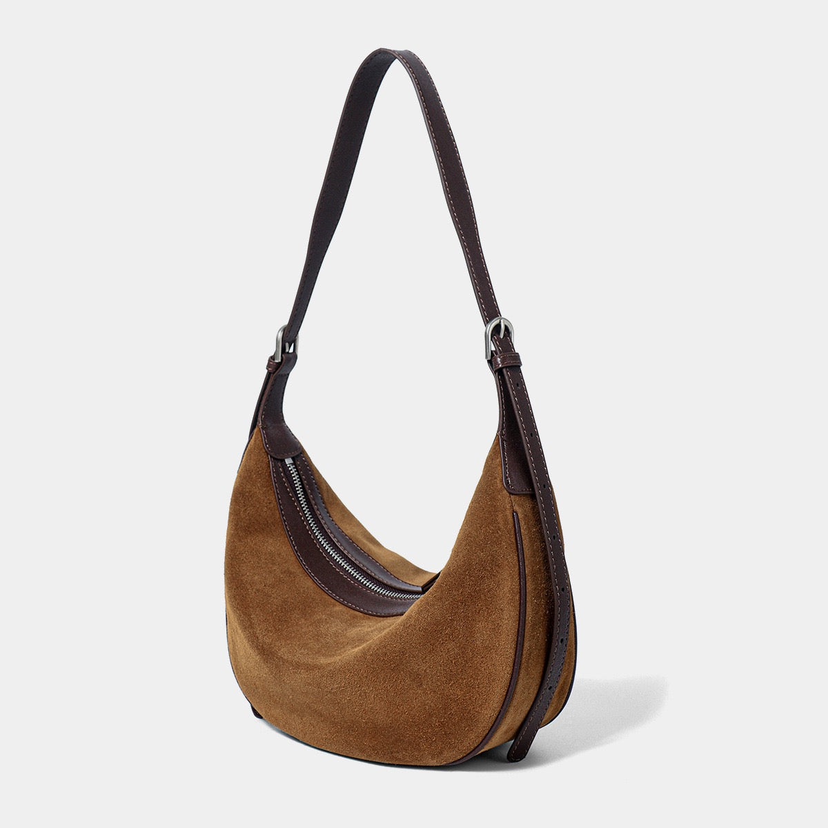Brown Suede Leather Hobo Shoulder Dumpling Bag