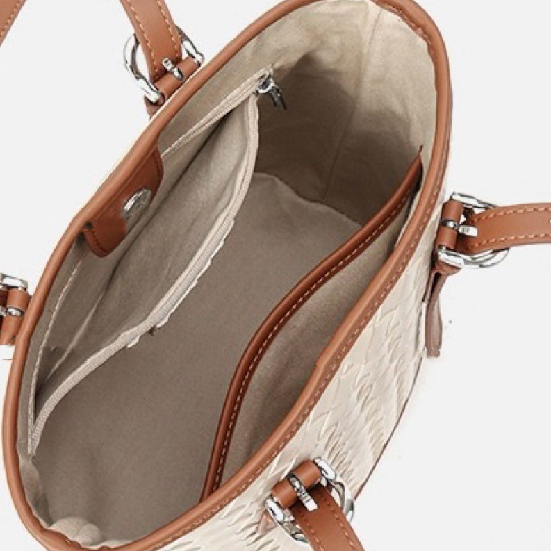 Woven Genuine Leather Color Block Bucket Tote Bag