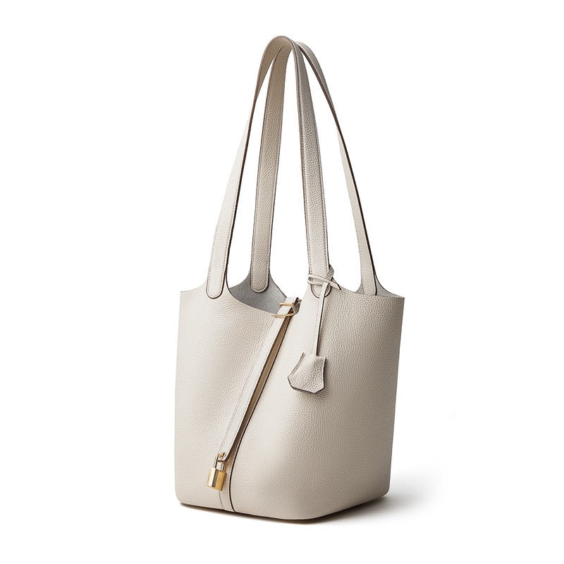 Textured Genuine Leather Tote Bag with Gold Buckle