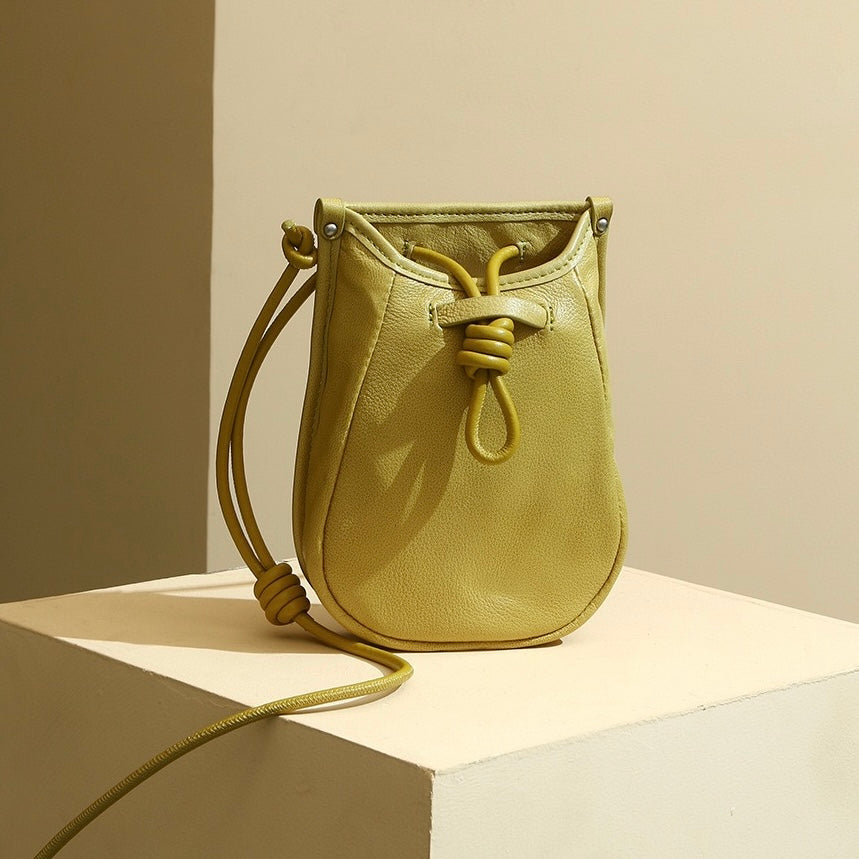 Women's Genuine Leather Drawstring Crossbody Phone Mini Bag