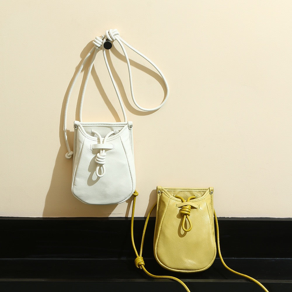 Women's Genuine Leather Drawstring Crossbody Phone Mini Bag
