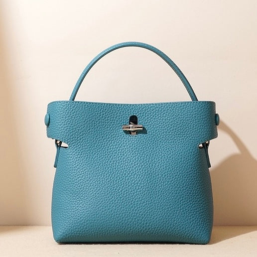 Women's Genuine Cowhide Elegant Bucket Bag Bamboo Handle Tote