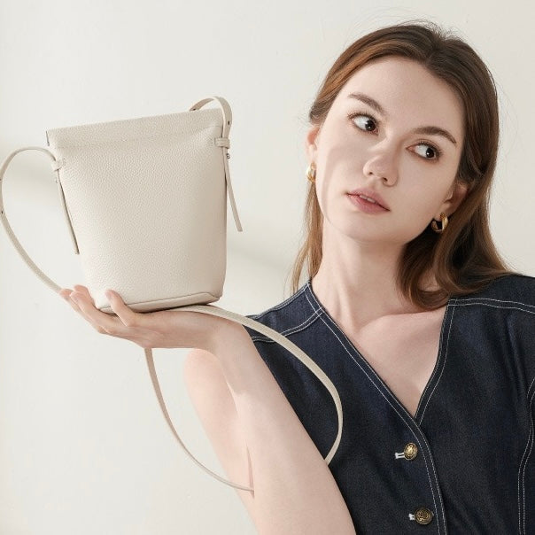 Women's Genuine Leather Vertical Drawstring Bucket Phone Bag